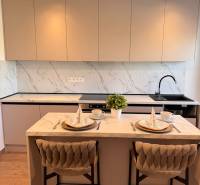 Konyha bárpulttal, fa hatású padlóval és világos bútorokkal egy kétszobás lakásban.