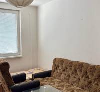 Garzonlakás kanapéval, fotellel és asztallal, fa dekor padlóval, papír lámpával.