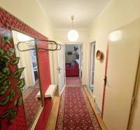 Folyosó egy 3 szobás lakásban, fa dekoros padlóval és mintás szőnyeggel.