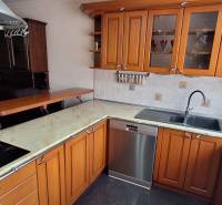 Konyha családi házban fa szekrényekkel és rozsdamentes acél mosogatógéppel.