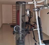 A családi ház edzőterme világos kerámia burkolattal rendelkezik.