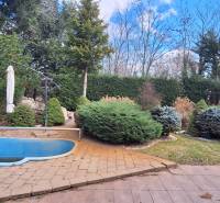 Családi ház Komáromban egy kis medencével és gondozott kerttel, fákkal körülvéve.