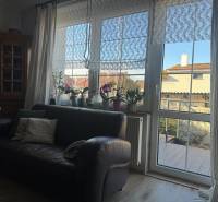 Bőr kanapé és ablak csipkefüggönyökkel a családi házban, fa dekoros padlóval.