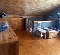 Családi ház tetőtér fa mennyezettel, falakkal és fa dekorációjú padlóval.