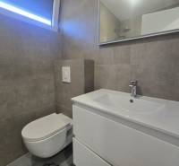 Fürdőszoba a Villában mosdóval, függesztett WC-vel és nagy tükörrel.