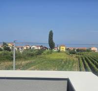 Kilátás a zukvei villából a tengerre, háttérben házak és szőlőültetvények.