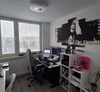 Dolgozószoba egy háromszobás lakásban, asztallal, polccal, képpel és fa dekorációjú padlóval.