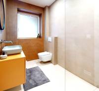 Családi ház fürdőszobája mosdóval, tükörrel és függesztett WC-vel, finom árnyalatokban.