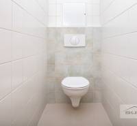 WC csempékkel és fali WC-vel egy háromszobás lakásban.