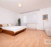 Hálószoba ággyal, kanapéval és fa dekorációjú padlóval egy háromszobás lakásban.