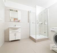 Fürdőszoba egy háromszobás lakásban mosdóval, zuhanyzóval és mosógéppel.