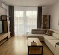 Nappali egy kétszobás lakásban, fa dekoros padlóval, világos kanapéval és televízióval.