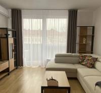 Nappali kanapéval, televízióval és fa dekorációjú padlóval egy kétszobás lakásban.