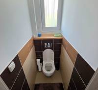 Családi házban lévő WC ablakkal és kerámia csempékkel, dekor padlóval.