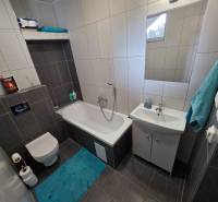 Fürdőszoba családi házban káddal, mosdóval és WC-vel, sötét mintázatú csempével.