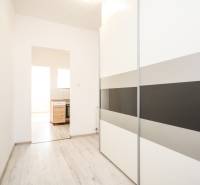 2 szobás lakás belső tere fa dekor padlóval és beépített szekrénnyel.