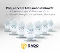 RADO Reality Group ingatlaniroda díjai feliratokkal és logóval a háttérben.