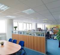 Irodák kék szőnyeggel, nagyméretű ablakokkal, elválasztott munkaterületekkel, konferenciaasztallal.