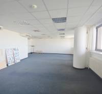 Tágas iroda kék szőnyeggel, ablakokkal és légkondicionálóval, különféle felhasználásra alkalmas.
