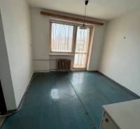 Egyszobás lakás egyszerű szobája ablakkal és radiátorral, sötét dekorú padlóval.