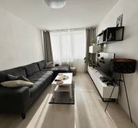 Nappali kanapéval, televízióval és fa mintázatú padlóval egy kétszobás lakásban.