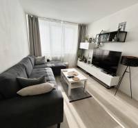 Nappali egy kétszobás lakásban fa mintázatú padlóval és kanapéval.