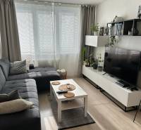 Nappali egy kétszobás lakásban kanapéval és asztallal, fa dekorációjú padlóval.