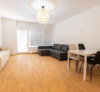 Nappali egy kétszobás lakásban, fa mintázatú padlóval és szürke ülőgarnitúrával.