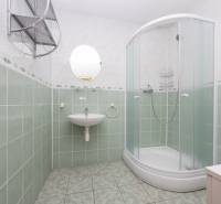 Fürdőszoba családi házban íves zuhanyzóval, mosdókagylóval és zöld csempékkel.