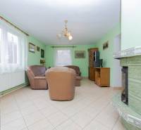 Nappali egy családi házban kandallóval, zöld falakkal és bőr kanapéval.