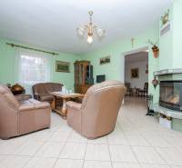 Nappali kandallóval, bőr kanapékkal és központi asztallal egy családi házban.