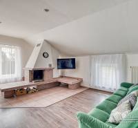 Nappali kandallóval, zöld kanapéval és fa dekorációjú padlóval egy családi házban.