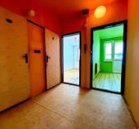 Kétszobás lakás folyosója színes szobák bejáratával, fa dekorációjú padlóval.