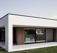 Családi ház Nesvadyn nagy ablakokkal és fa burkolattal a kertben.