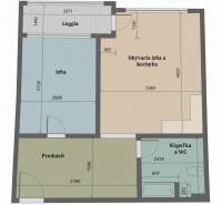 2 szobás lakás alaprajza loggiával, előszobával, nappalival, fürdőszobával és hálószobával.