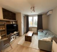 Nappali szoba fa mintás padlóval, kanapéval és televízióval egy kétszobás lakásban.