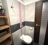 Fürdőszoba egy kétszobás lakásban WC-vel, fa polccal és dekoratív virágokkal.