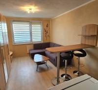 Garzonlakás fa mintázatú padlóval, konyhapulttal és kanapéval.