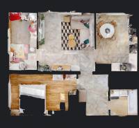 3 szobás lakás fa dekor padlóval és csempével, a szobák alaprajza felülről.