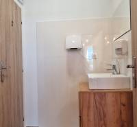 Egy vendéglátóhely belső tere világos falakkal, fa dekorú padlóval és mosdóval.