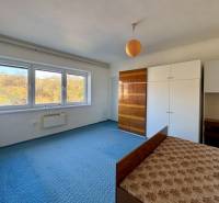 Hálószoba családi házban kék szőnyeggel, szekrényekkel és nagy ablakokkal.