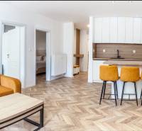 Rekreációs apartman kanapéval, konyhapulttal és fa dekorációjú padlóval.