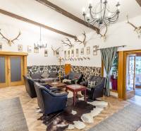 Egy rekreációs apartman belső tere bőr ülőgarnitúrával, sarokkal és fa dekorációjú padlóval.