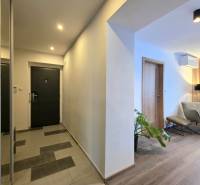 A folyosó a nappaliba vezet, ahol fa mintázatú padló van egy kétszobás lakásban.