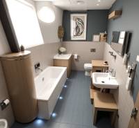 Fürdőszoba családi házban mosdóval, káddal és WC-vel. Fa dekoros padló.