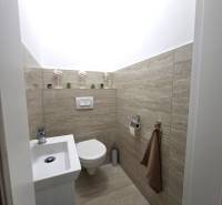 Kompakt WC egy családi házban, fa dekor padlóval, dekoratív részletekkel.