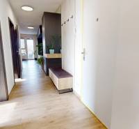 Folyosó egy 3 szobás lakásban fa dekor padlóval és tárolóhellyel.