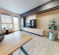 Nappali egy háromszobás lakásban, fa dekoros padlóval és szobanövényekkel.