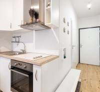 Világos konyha fa dekorációval az egyszobás lakásban, bejárati folyosó.