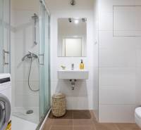 Fürdőszoba egy egyszobás lakásban mosógéppel, zuhanyzóval és fehér csempékkel.